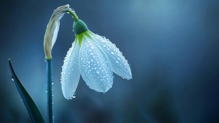 Poster - Delicate Snowdrop Flower with Dew Drops on Petals in Soft Light