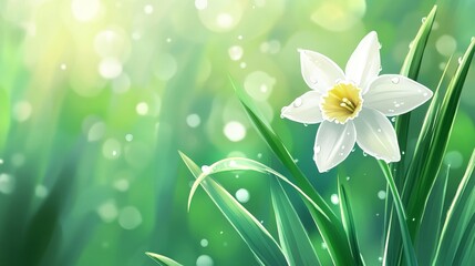 Poster - Delicate White Flower with Drops of Water on Fresh Green Grass