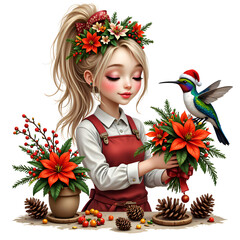 Cheerful young artisan arranging festive floral bouquets with a colorful bird for a joyful celebration, digital art of character design concept.