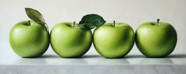 Wall Mural - Four green apples sitting on white marble surface