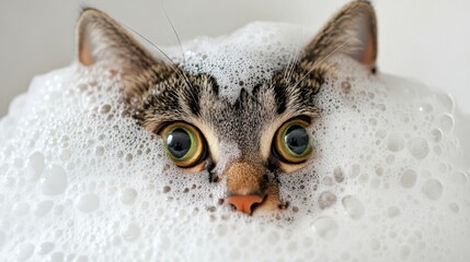 Poster - Adorable Cat Surrounded by Bubbles in a Bath Setting