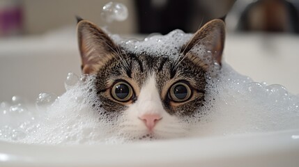 Poster - Cute Domestic Cat Surrounded by Bubbles in a Bath Scene