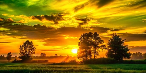 Wall Mural - Silhouette Photography: Yellow Green Lime Sunset Landscape, Nature, Tree, Plant, Shadow, Light, Backlit, Dramatic, Artistic