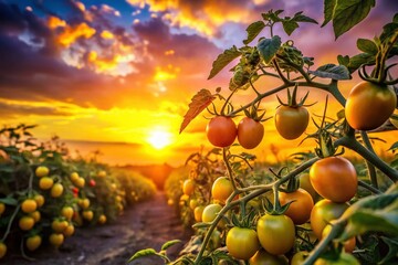 Wall Mural - Silhouette Yellow Tomato Garden - Sunset Silhouette Photography, Vegetable Garden Plants