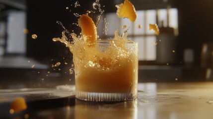 Poster - Refreshing Citrus Cocktail Splashing in a Glass on Wooden Table
