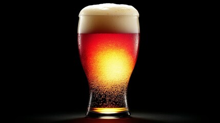 Poster - Golden Amber Beer Glass with Foam Against Dark Background