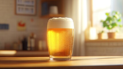 Poster - Refreshing Cold Beer in a Glass on Wooden Table in Bright Room