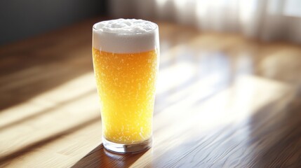 Poster - Refreshing Tall Glass of Beer with Foam on a Wooden Table