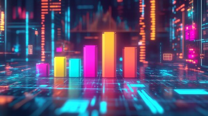 Poster - Colorful Bar Graph on Futuristic Digital Background with Neon Lights