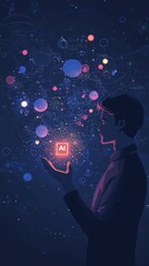 Poster - Exploring the Depths of Creativity Through Artificial Intelligence as Cosmic Elements Swirl Around a Contemplative Figure in a Dark Universe