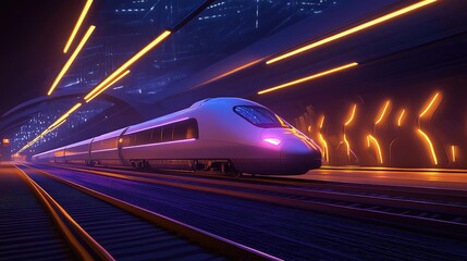 Wall Mural - A state-of-the-art high-speed train illuminated by glowing LED lights, departing a modern, high-tech terminal