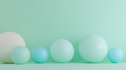 Poster - Soft Pastel Orbs Lined up Against a Mint Green Backdrop Create a Serene and Playful Atmosphere in a Minimalist Setting Evoking Calmness and Creativity