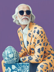Wall Mural - A sophisticated gray-haired man in a floral yellow suit with sunglasses posing against a purple background. Bold and elegant modern fashion portrait.