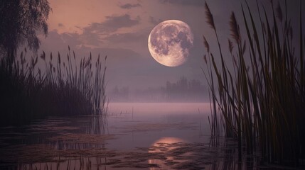 Wall Mural - full moon casting a mystical light over a foggy marsh, with reeds and shadows creating an eerie scen