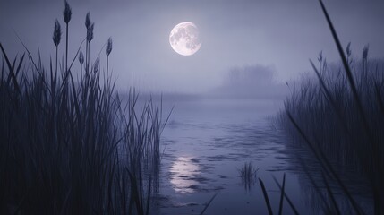 Wall Mural - full moon casting a mystical light over a foggy marsh, with reeds and shadows creating an eerie scen