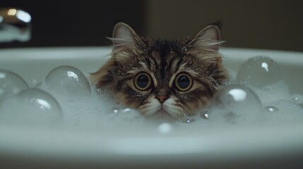 Poster - Playful Cat Surrounded by Bubbles in a Bath Setting