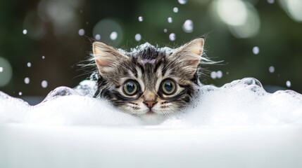 Poster - Curious Kitten Exploring Bubbles in Soapy Water Fun Adventure