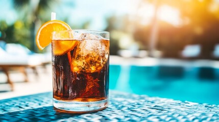 Poster - Refreshing Cocktail Glass with Orange Slice by Swimming Poolside