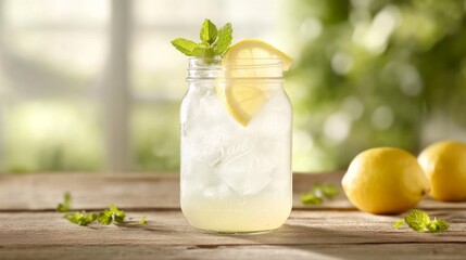Poster - Refreshing Lemonade with Mint in a Jar on a Sunlit Table