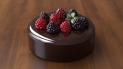 Wall Mural - Delicious Chocolate Cake Topped with Fresh Berries on Wooden Table