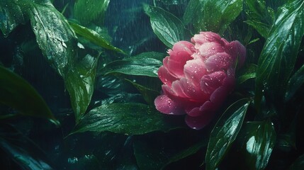 Poster - Vibrant Pink Flower in Lush Green Leaves with Raindrops
