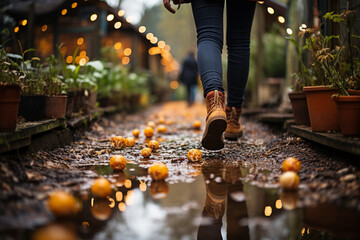 Wall Mural - girl walkng onpath in forest after rain