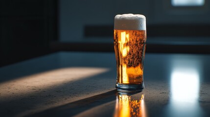 Poster - Freshly Poured Beer in a Glass with Foam on a Table Surface