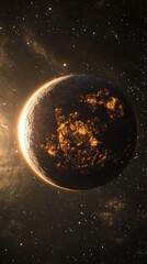 Poster - Artistic visualization of a fiery exoplanet surrounded by distant stars and cosmic elements in deep space