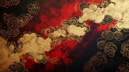 Poster - Dynamic swirls of gold on fiery red background abstract art visual design digital canvas close-up perspective modern aesthetics