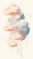 Fototapete - Abstract visualization demonstrates the concept of cloud computing with soft clouds and interconnected lines suggesting data flow