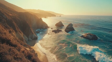 Aufkleber - Breathtaking rugged coastline of California at sunset with waves crashing on rocky shores