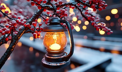 Poster - Vintage Lantern Hanging from Branch with Snow and Berries at Night