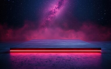 Poster - Abstract neon landscape with glowing elements under a starry galaxy sky.