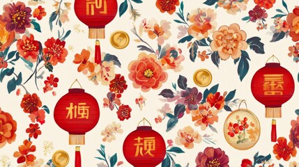 Poster - Vibrant lanterns and floral patterns cultural celebration digital art festive atmosphere close-up view artistic exploration