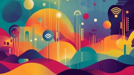 Aufkleber - Vibrant Abstract Landscape with Colorful Shapes and Wireless Symbols