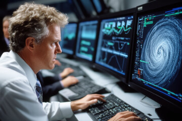 Wall Mural - Meteorologist team monitoring weather forecast at monitor screen. Man monitors formation of dangerous heavy rains, storms, approaching catastrophic hurricane in meteorological office workplace