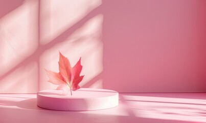 Poster - serene pink backdrop featuring a delicate leaf on a circular pedestal accentuated by soft shadows creating a minimalist aesthetic.