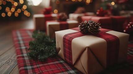 Wall Mural - A table covered in a red plaid cloth with wrapped gifts and pine sprigs.