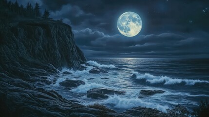 Wall Mural - glowing full moon casting its light over a rocky coastline, waves crashing against the cliffs below.
