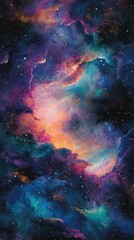 Poster - Vibrant cosmic vista showcasing a nebula with swirling colors and distant stars in the vast universe