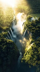 Poster - Majestic waterfalls cascade through lush greenery in a breathtaking aerial view at sunrise