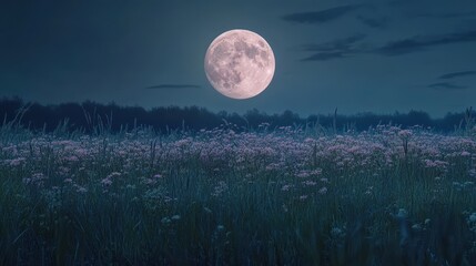 Wall Mural - glowing full moon rising above a peaceful meadow, with wildflowers swaying gently under its soft lig