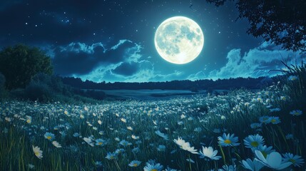 Wall Mural - glowing full moon rising above a peaceful meadow, with wildflowers swaying gently under its soft lig