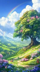 Aufkleber - Serene rolling hills with vibrant flowers and a majestic tree under a rainbow in a peaceful landscape during daytime
