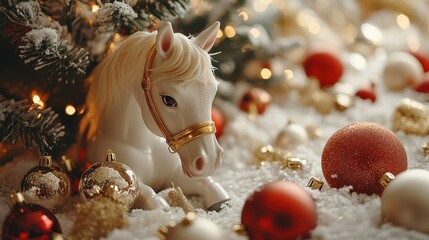 Wall Mural - A toy rocking horse beside a decorated Christmas tree.A toy rocking horse beside a decorated Christmas tree.