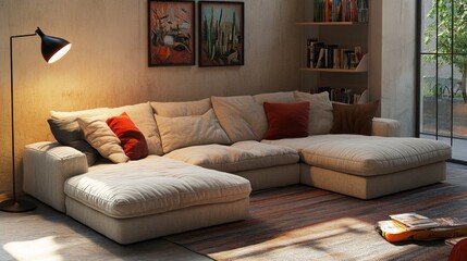 Poster - Cozy Modern Living Room with Plush Sofa and Warm Lighting