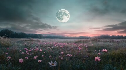 Wall Mural - glowing full moon rising above a peaceful meadow, with wildflowers swaying gently under its soft lig