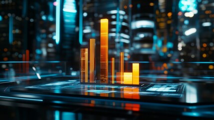 Poster - Futuristic Data Visualization with Glowing Bar Graphs and Cityscape