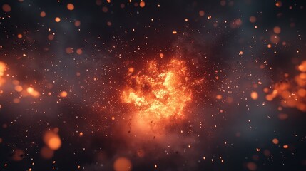 Wall Mural - Exploding fireball in slow motion, glowing embers flying in all directions, dark background, ultra-detailed wallpaper 