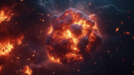 Poster - Exploding fireball in slow motion, glowing embers flying in all directions, dark background, ultra-detailed wallpaper 